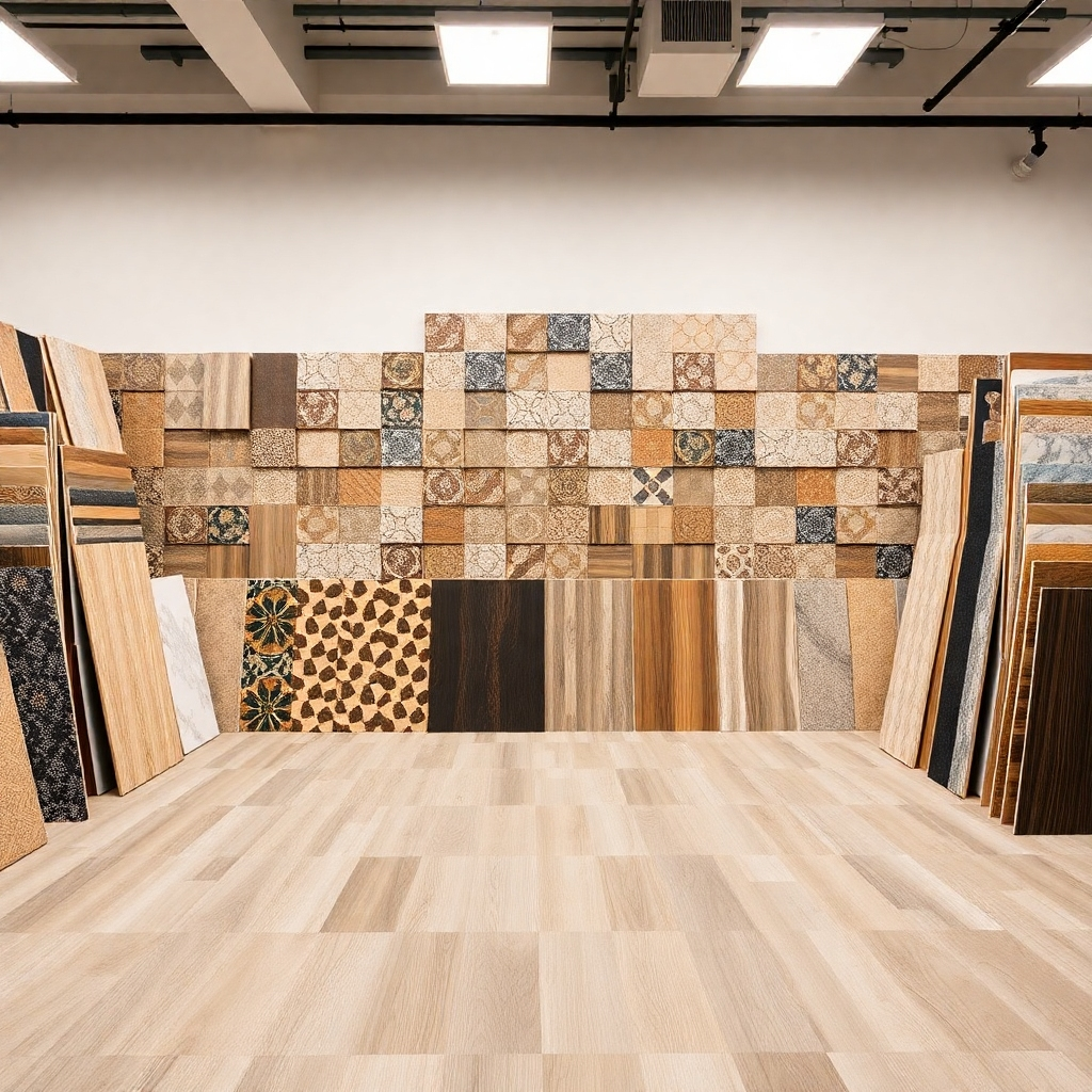 An image showcasing a wide array of flooring materials, neatly organized and well-lit to highlight their various textures and colors. The image should evoke a sense of choice and quality.